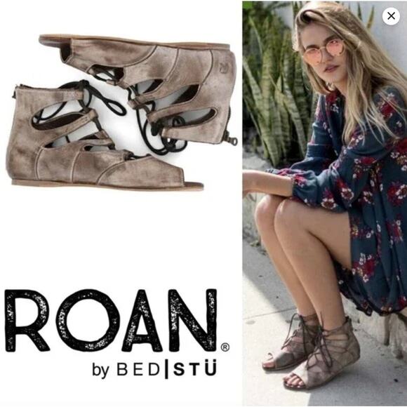 NEW ROAN BED STU Gladiator Sandals Distressed Taupe Leather Womens Size 7 - Picture 2 of 8